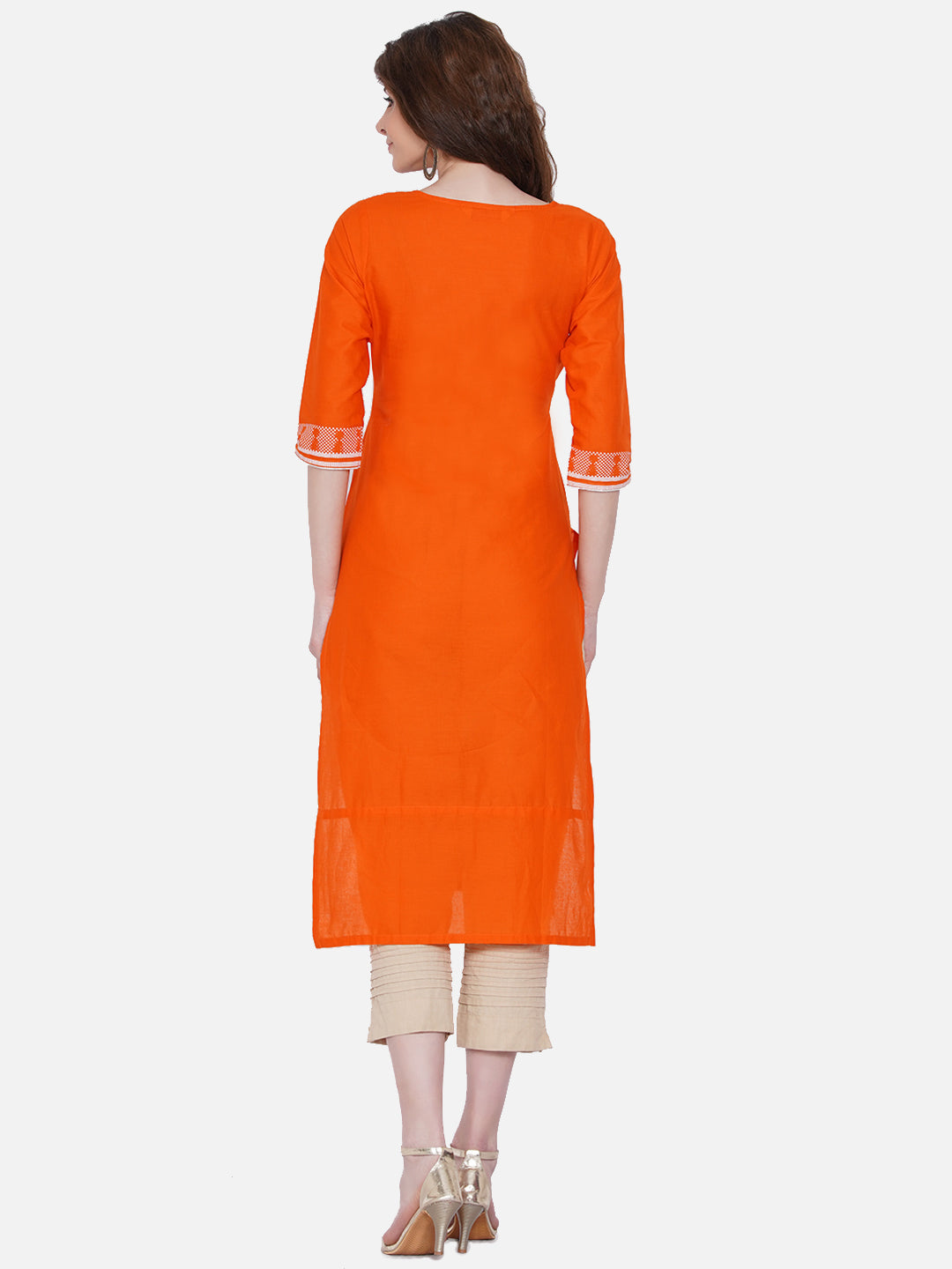 Women's Orange Printed Block Print Pure Cotton Kurta - Wahe-Noor