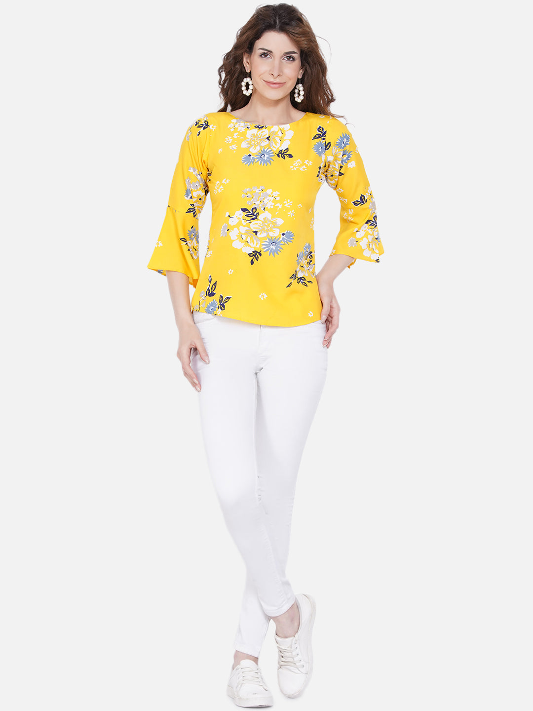 Women's Yellow Floral Print Crepe Top - Wahe-Noor