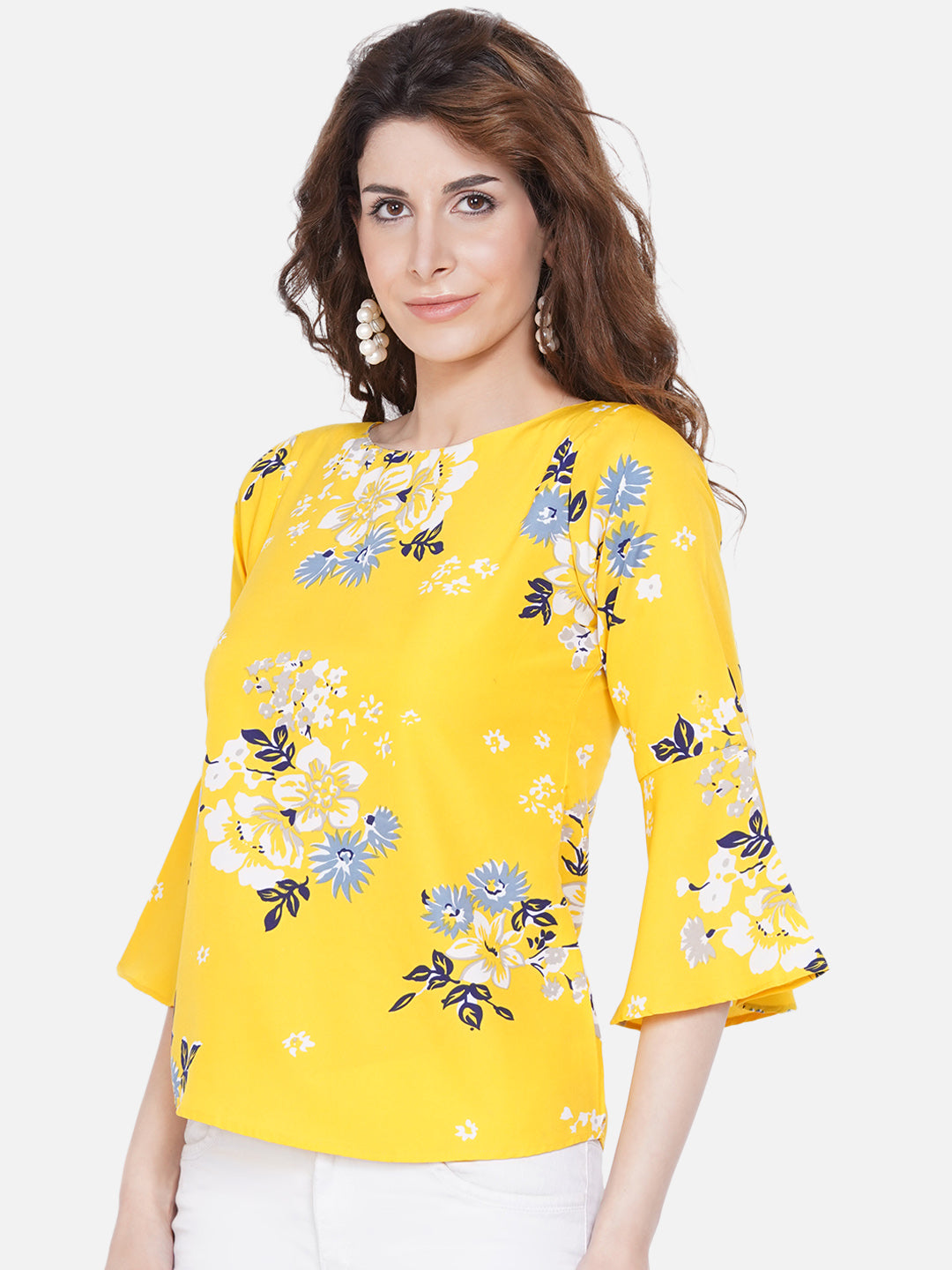 Women's Yellow Floral Print Crepe Top - Wahe-Noor