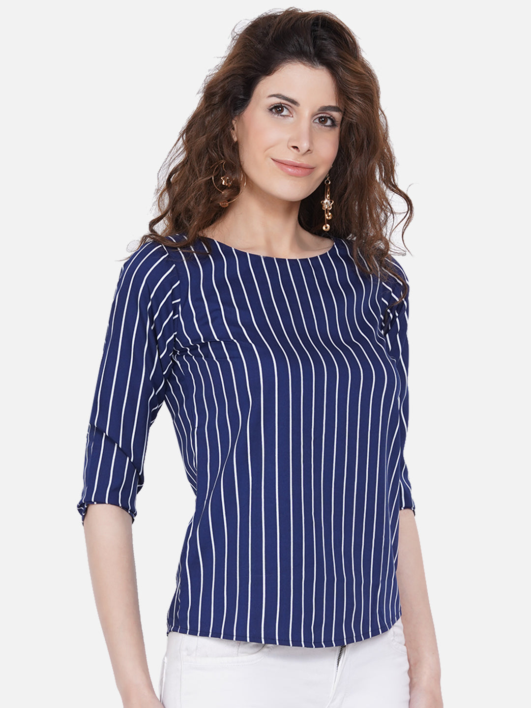 Women's Blue Striped Crepe Top - Wahe-Noor