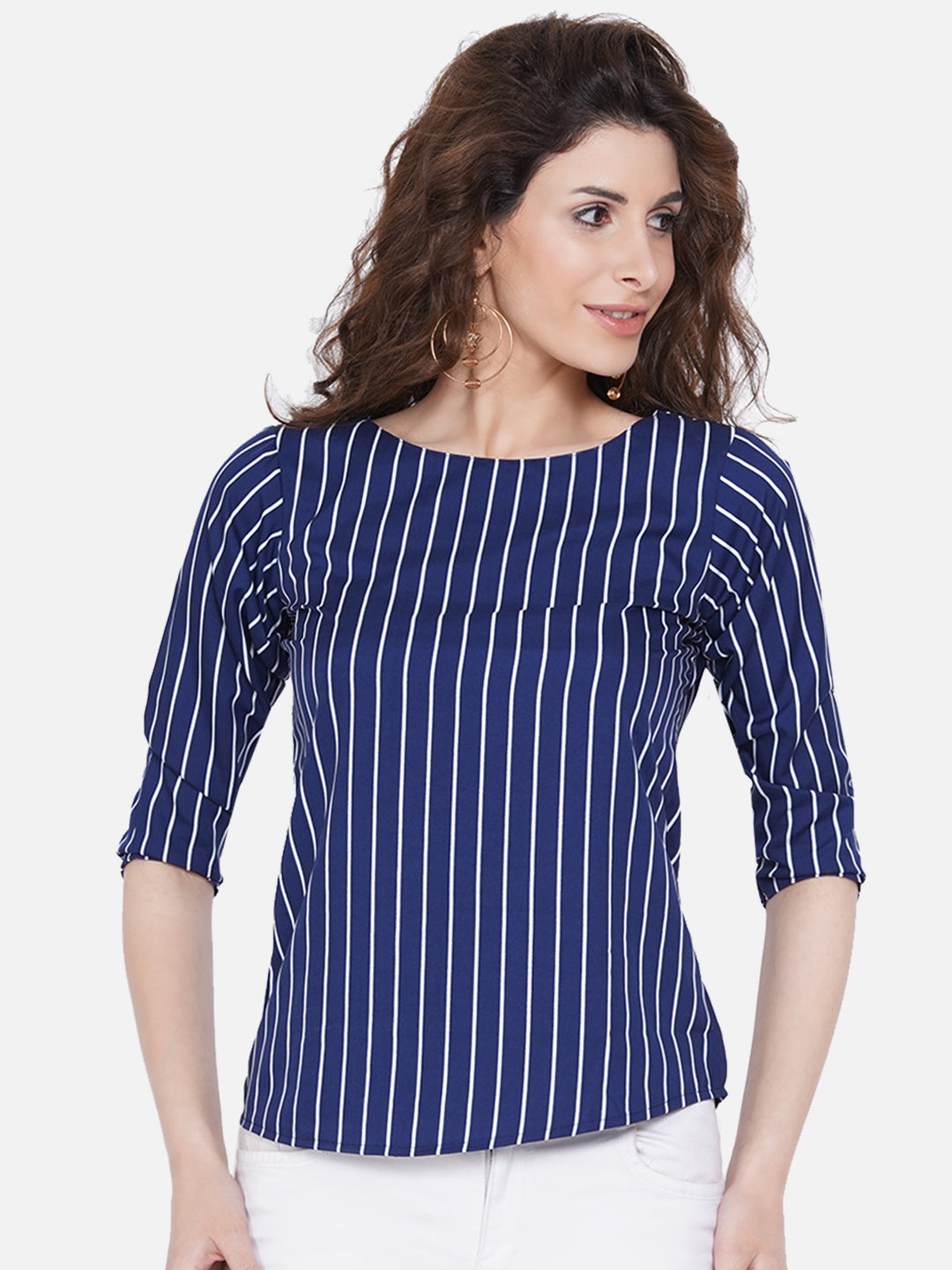 Women's Blue Striped Crepe Top - Wahe-Noor