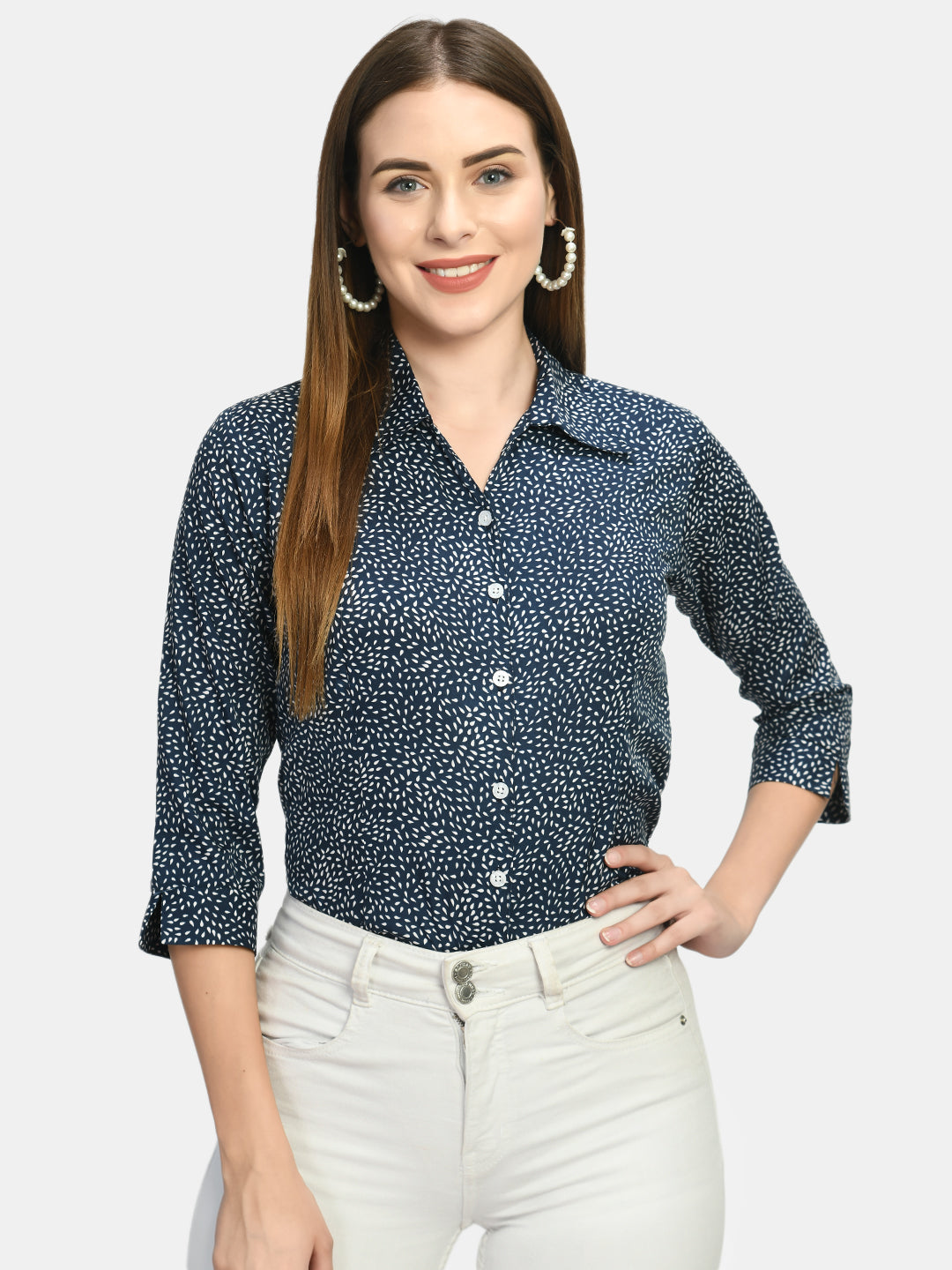 Women's Blue Printed Formal Shirt - Wahe-Noor