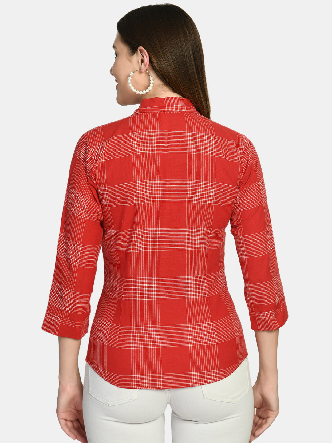 Women's Red Slim Fit Checked Formal Shirt - Wahe-Noor