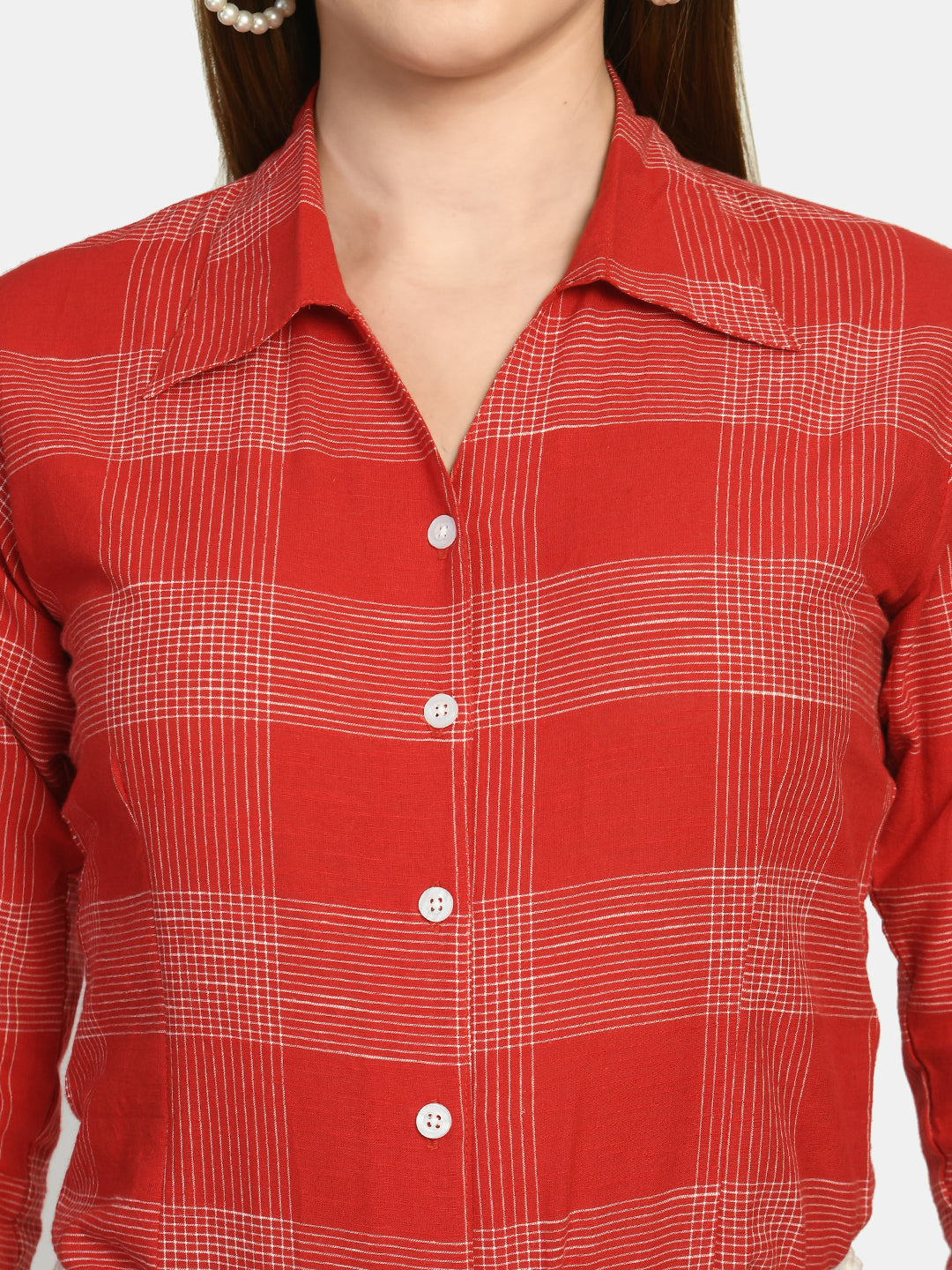 Women's Red Slim Fit Checked Formal Shirt - Wahe-Noor