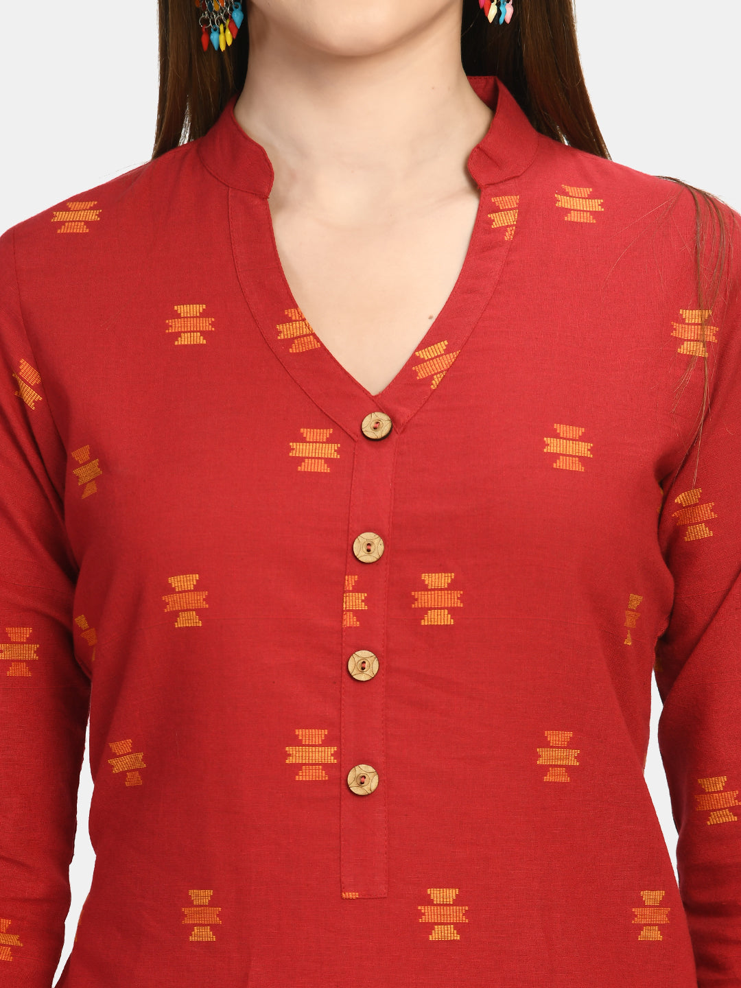 Women's Red & Yellow Ethnic Motifs Printed Thread Work Kurta - Wahe-Noor