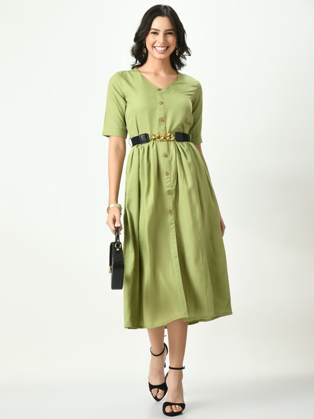 Women's Olive Stylish Midi Dress For - Noz2Toz