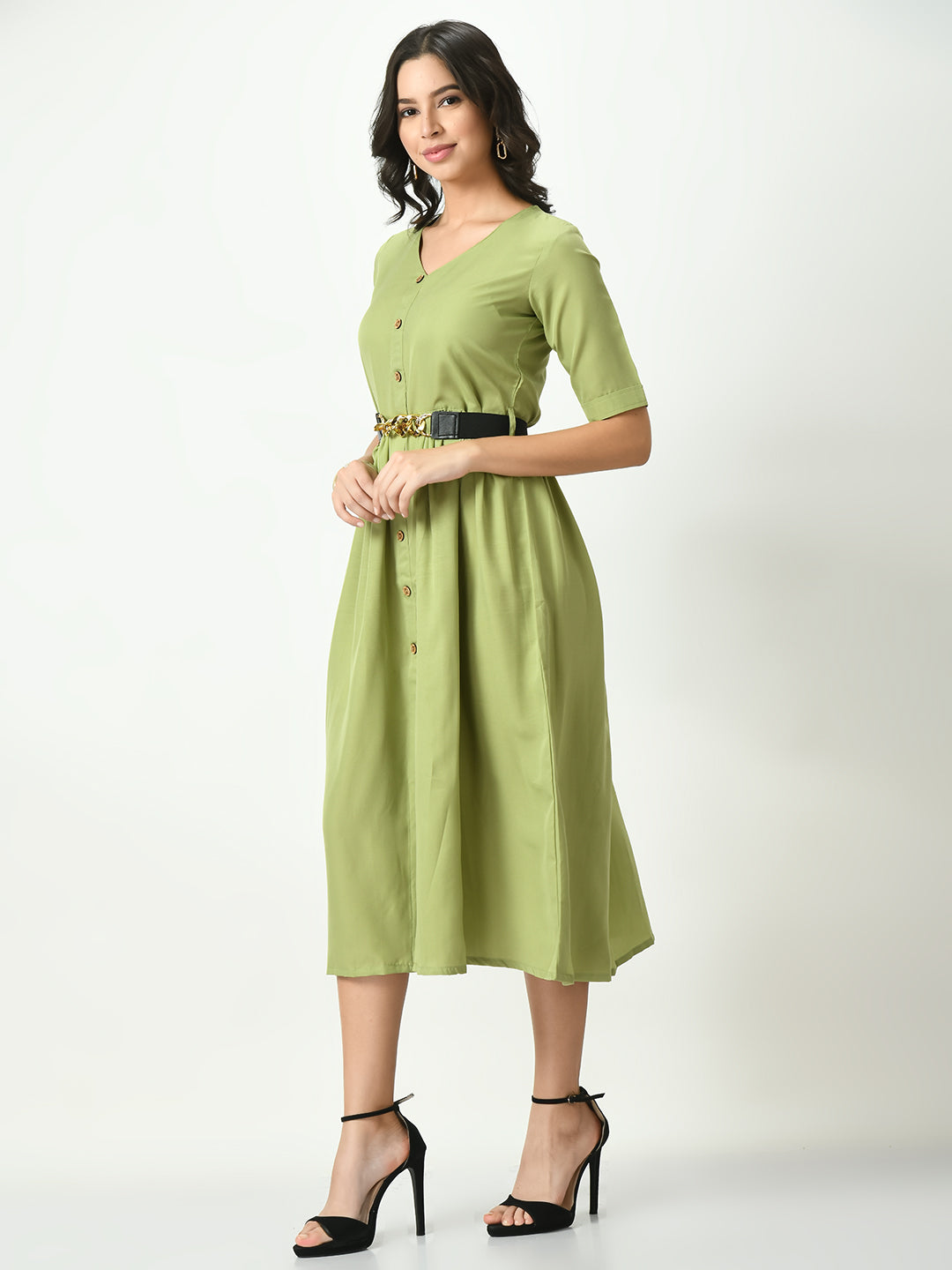 Women's Olive Stylish Midi Dress For - Noz2Toz