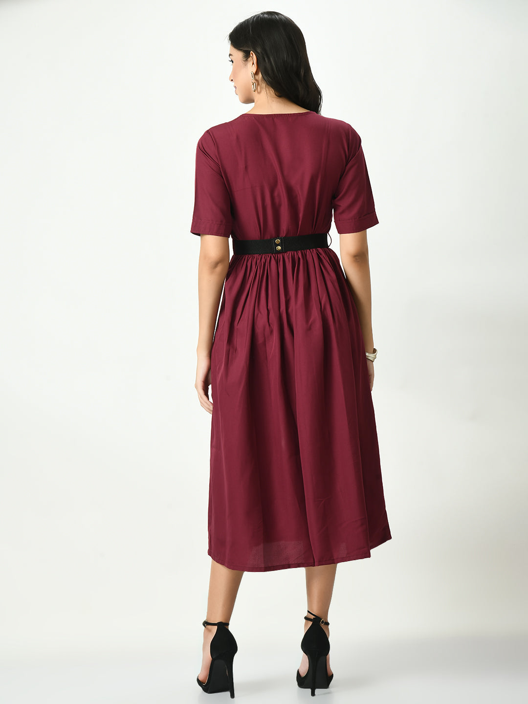 Women's Burgundy Stylish Midi Dress For - Noz2Toz