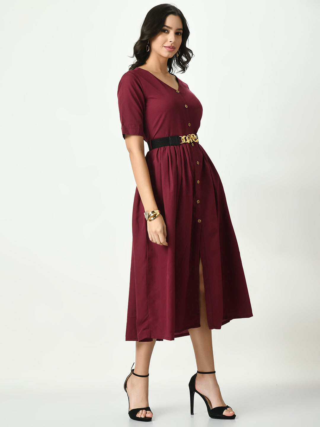Women's Burgundy Stylish Midi Dress For - Noz2Toz