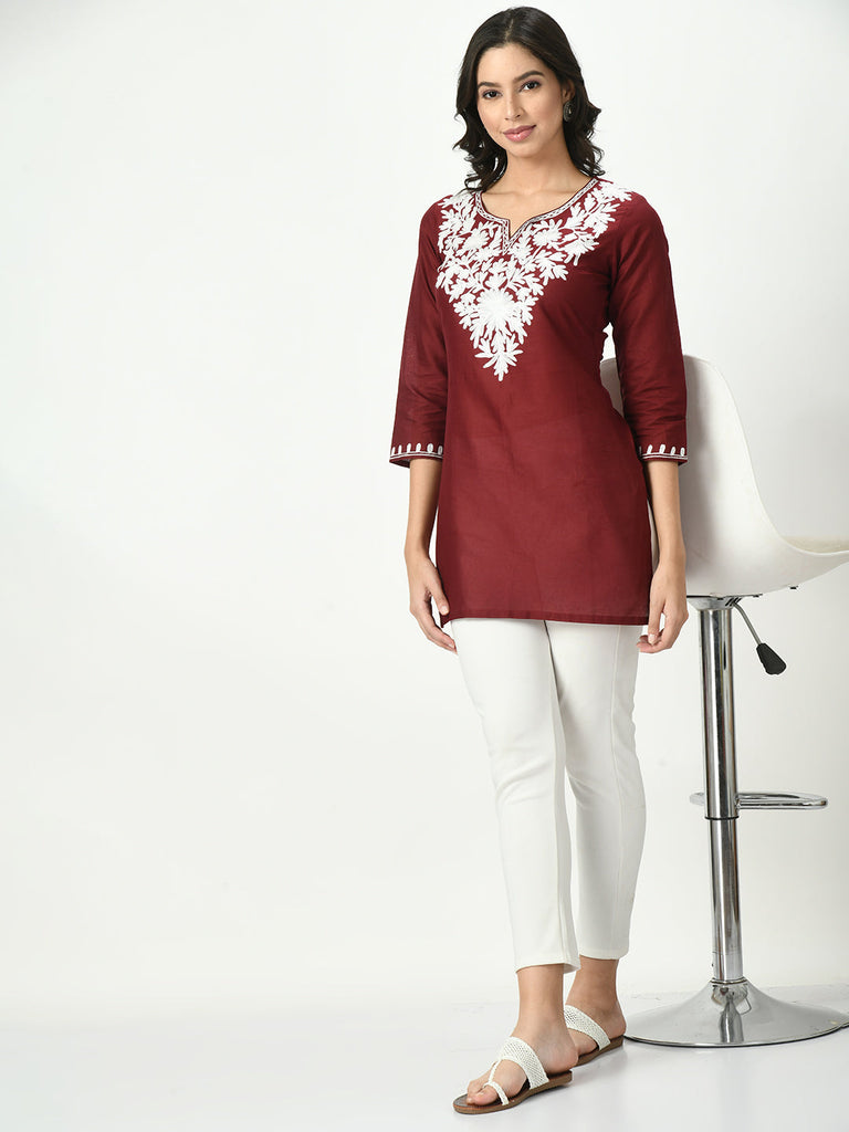 Women's Maroon Embroidered Short Kurti