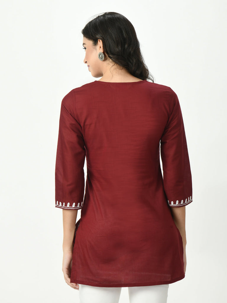 Women's Maroon Embroidered Short Kurti