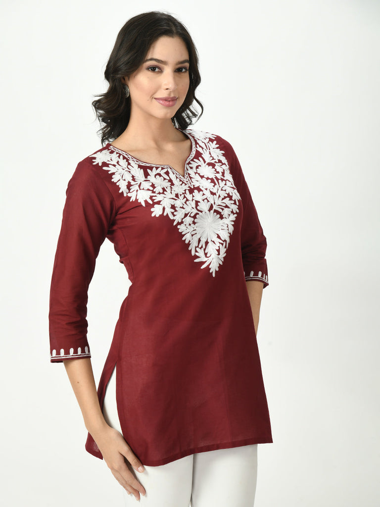 Women's Maroon Embroidered Short Kurti