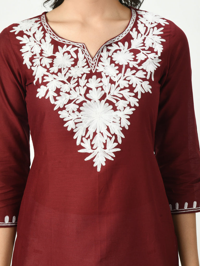 Women's Maroon Embroidered Short Kurti