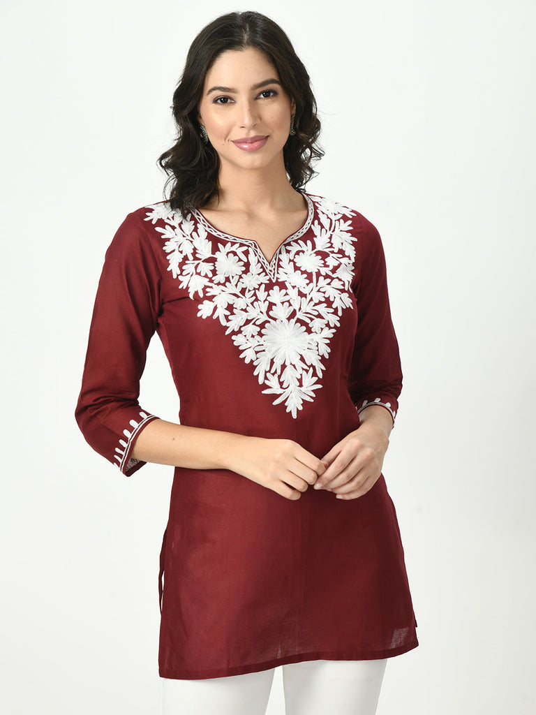 Women's Maroon Embroidered Short Kurti