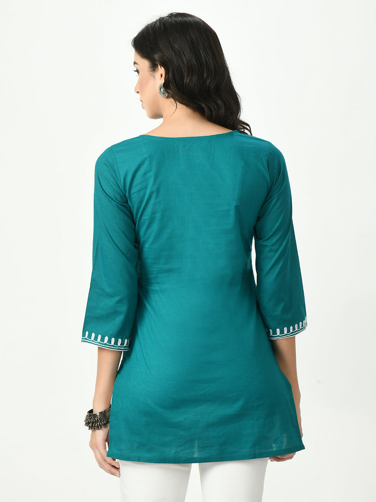 Women's Green Embroidered Short Kurti