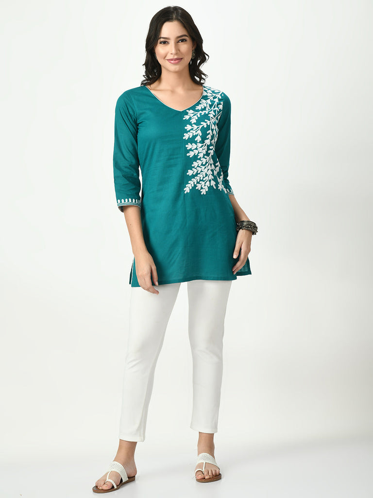 Women's Green Embroidered Short Kurti
