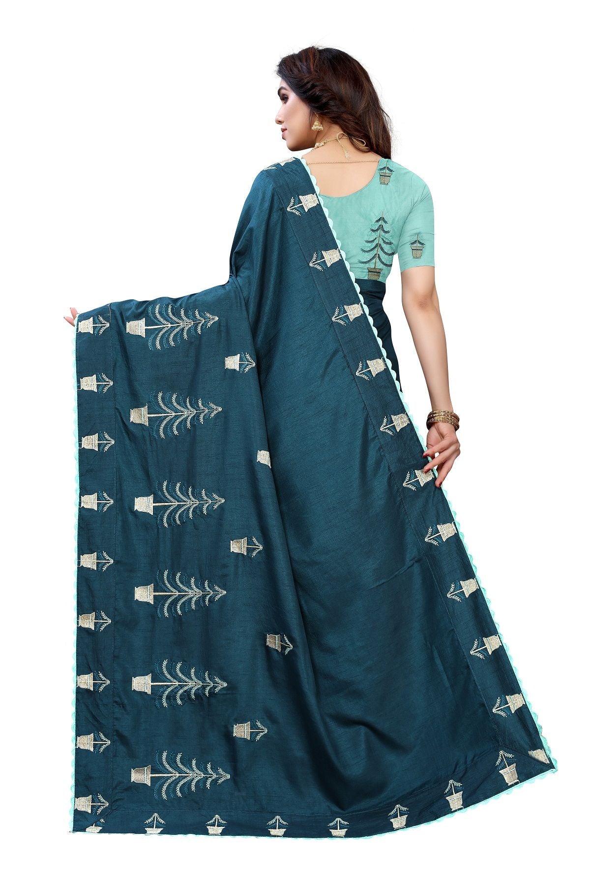 Women's Rama Green Dola Silk Embroidery Saree With Blouse Piece - Vamika