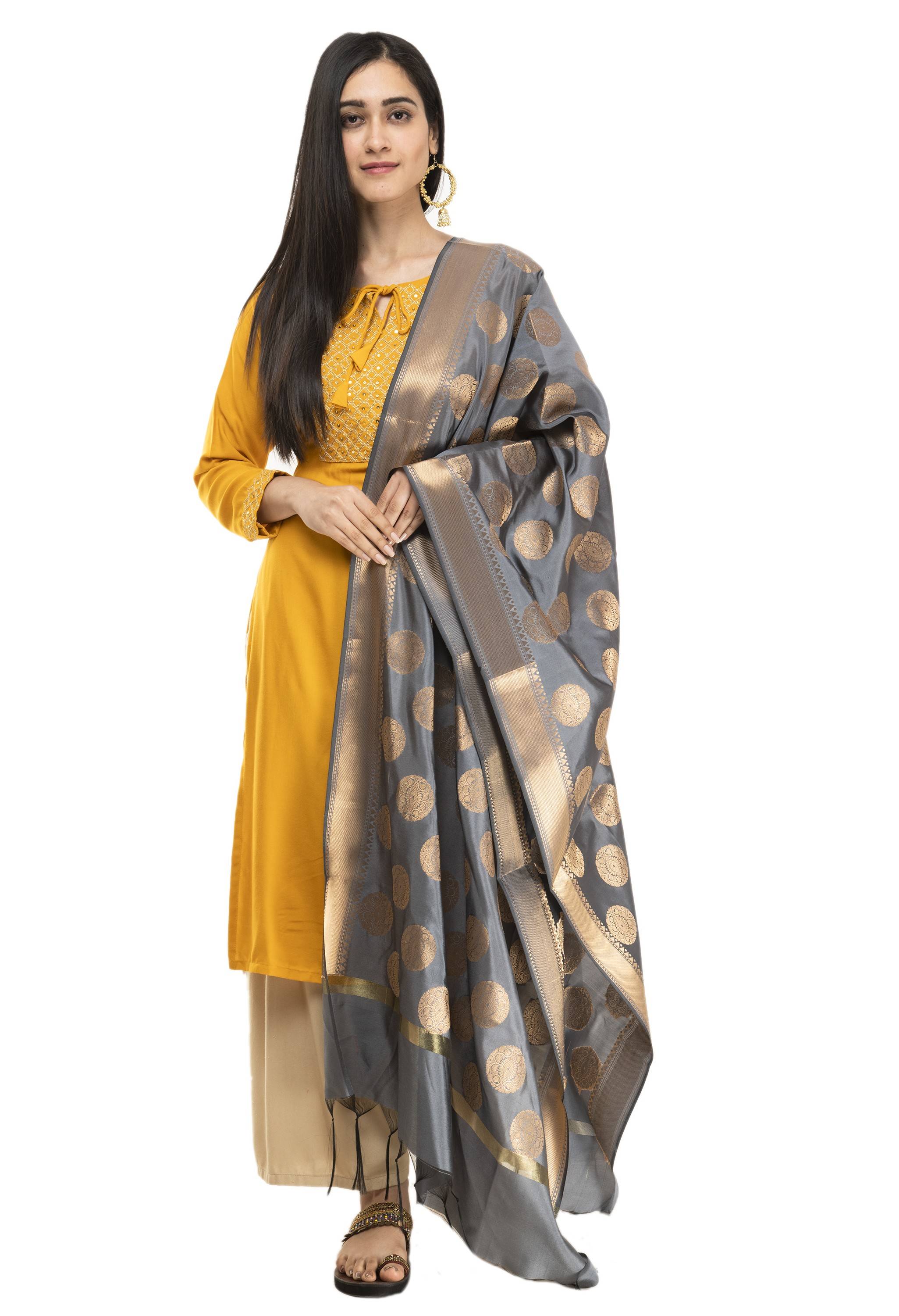 A R Silk Women's Tapeta Silk Zari Work Dark Grey Banarsi Silk Dupatta ARS0404