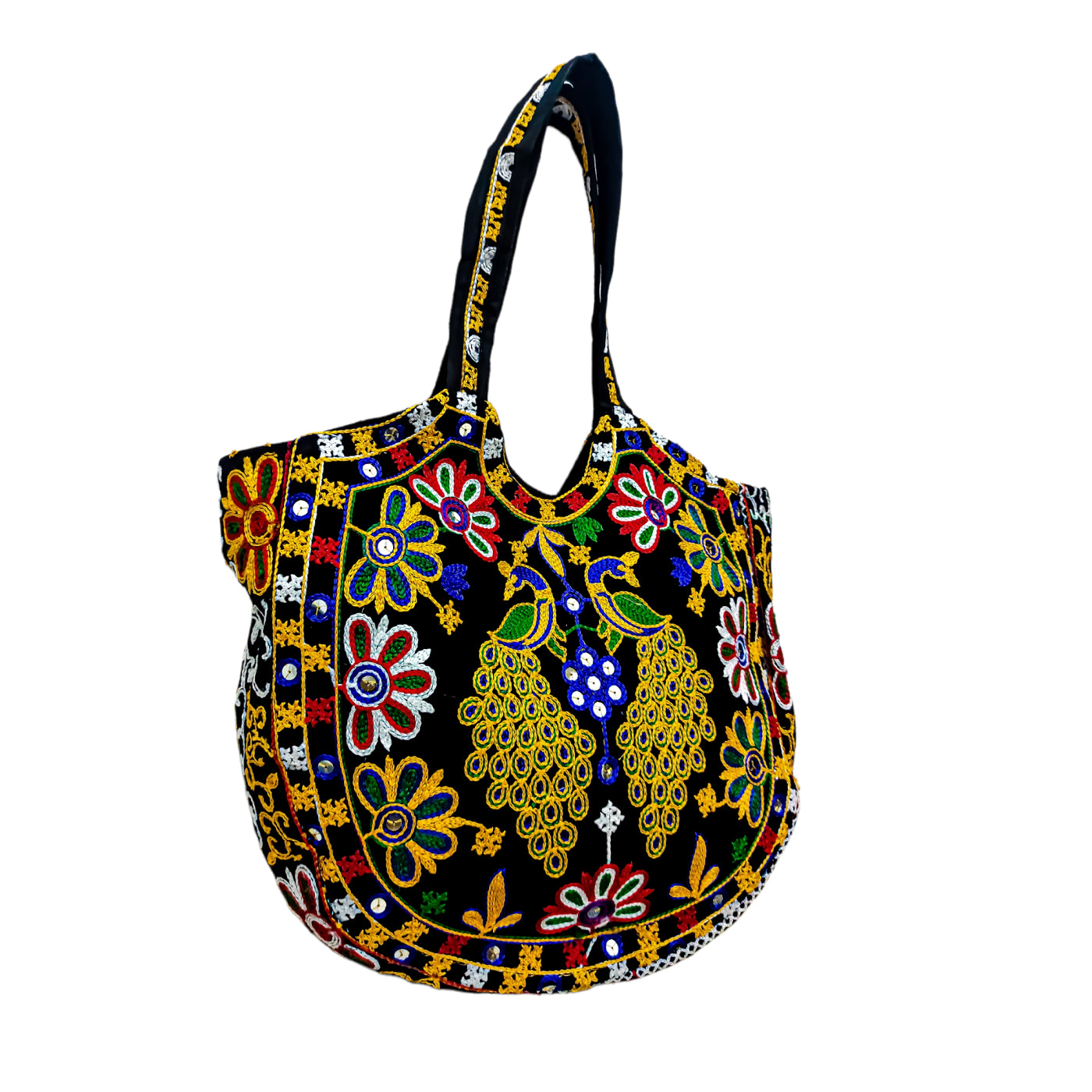 Women's Peacock Design Embroidery Handbag - Black - Ritzie