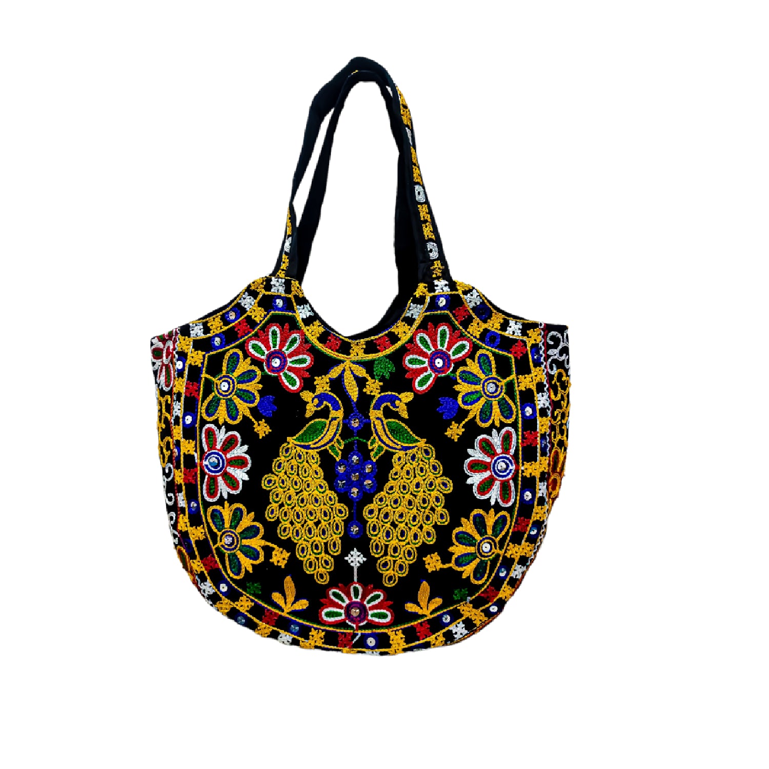 Women's Peacock Design Embroidery Handbag - Black - Ritzie
