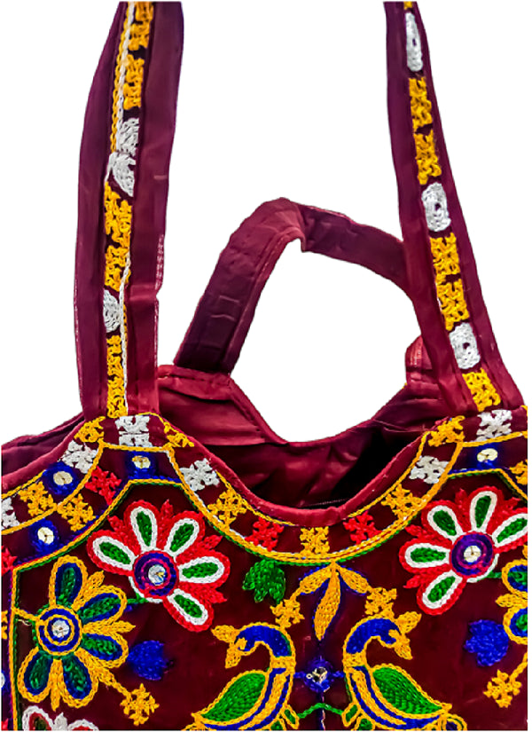 Women's Peacock Design Embroidery Handbag - Maroon - Ritzie