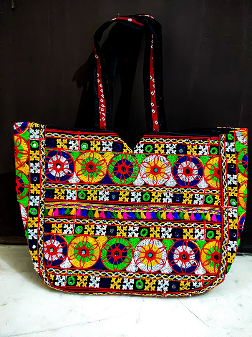 Women's Round Flower Embroidery Deisgn Rajasthani Handbag - Multi - Ritzie