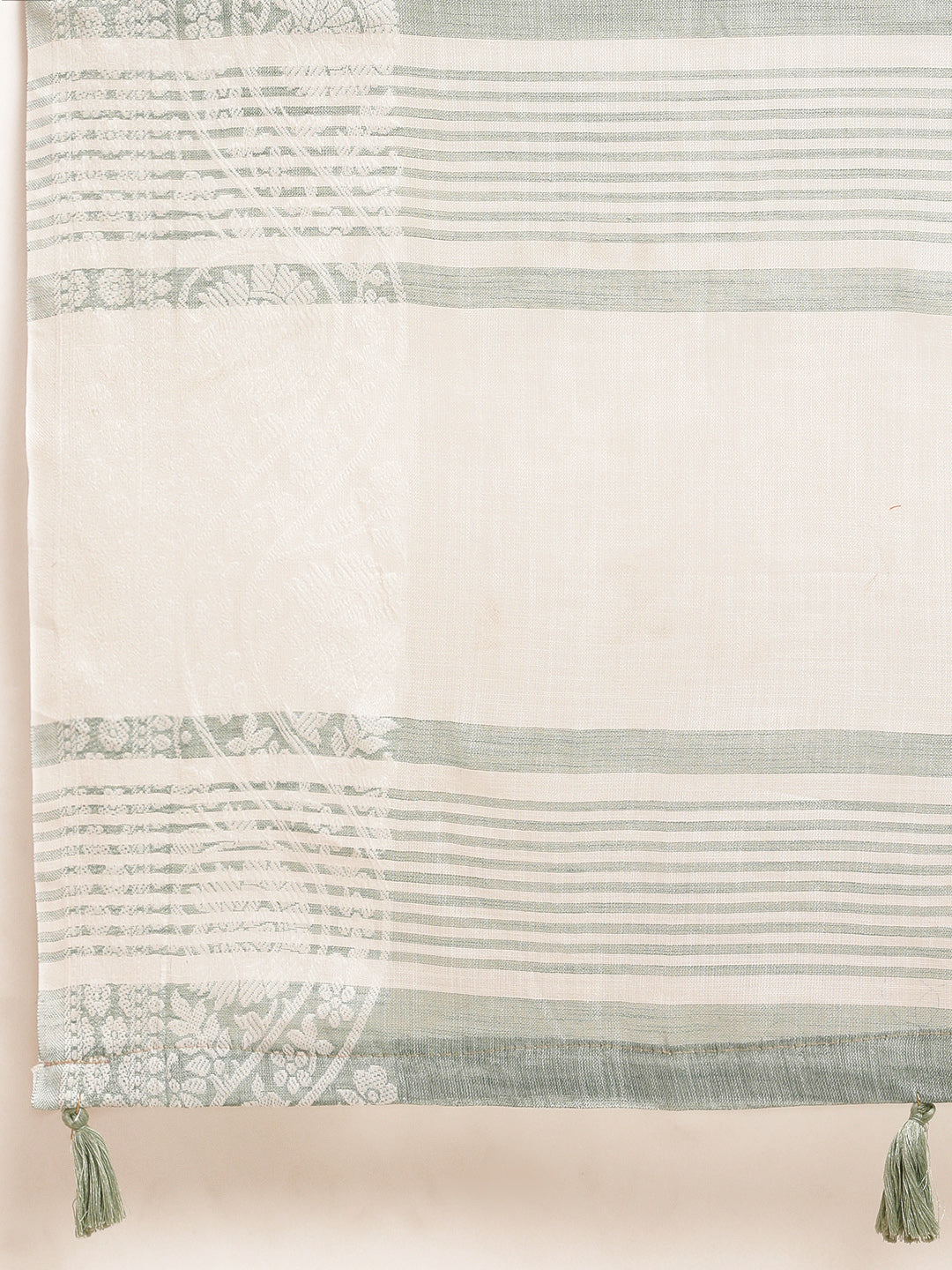 Women's Sea Green Linen Woven Zari Work Traditional Tassle Saree - Sangam Prints