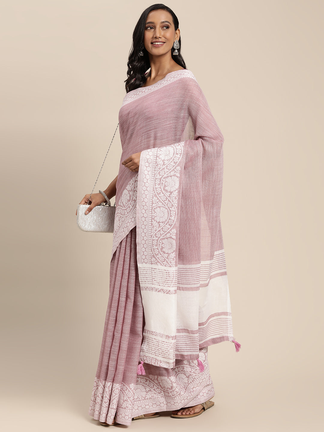 Women's Purple Linen Woven Zari Work Traditional Tassle Saree - Sangam Prints