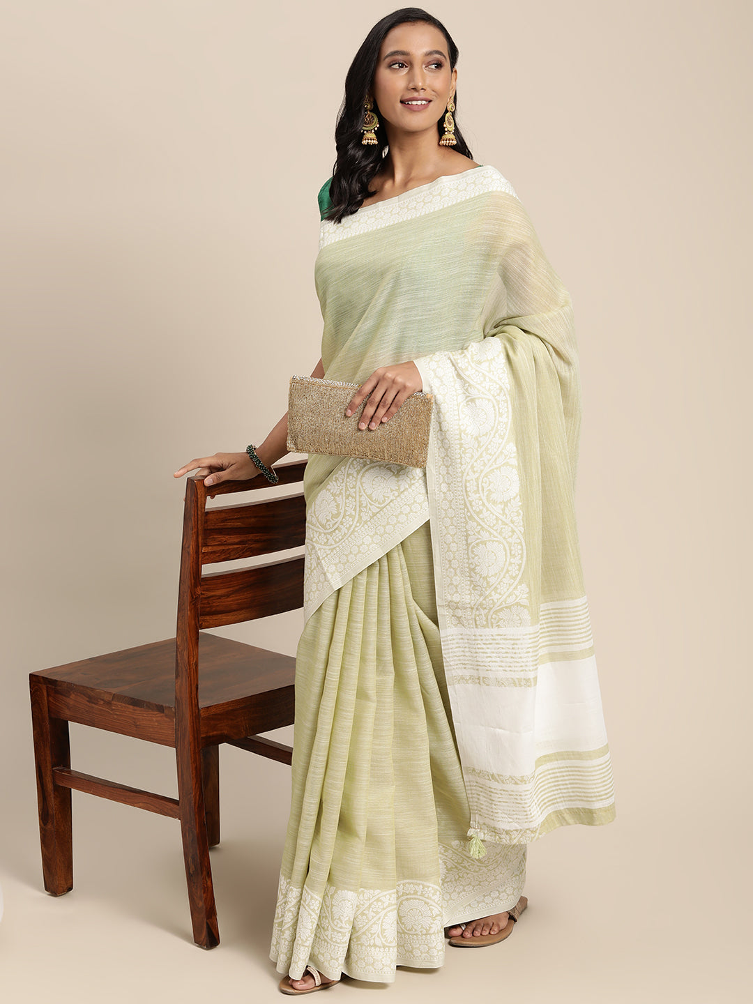 Women's Light Green Linen Woven Zari Work Traditional Tassle Saree - Sangam Prints