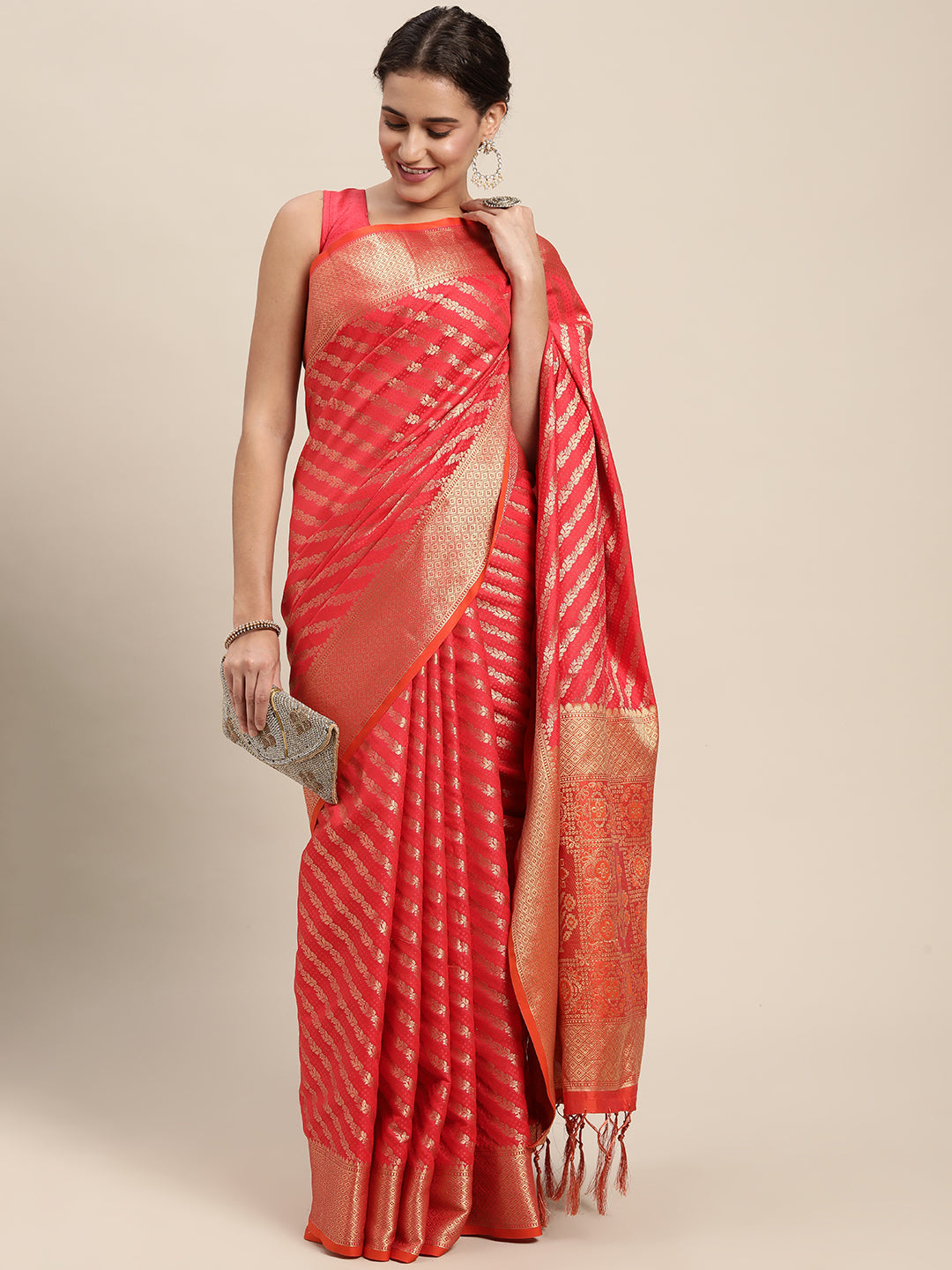 Women's Red Silk Woven Zari Work Traditional Tassle Saree - Sangam Prints