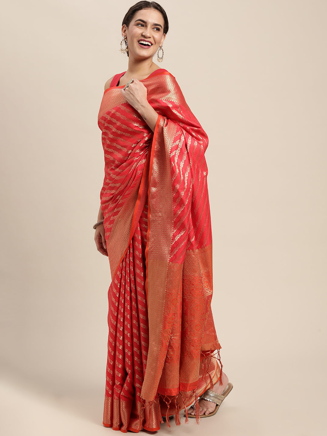 Women's Red Silk Woven Zari Work Traditional Tassle Saree - Sangam Prints