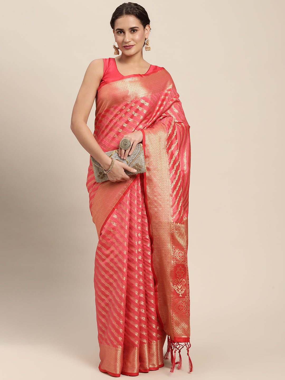 Women's Pink Silk Woven Zari Work Traditional Tassle Saree - Sangam Prints