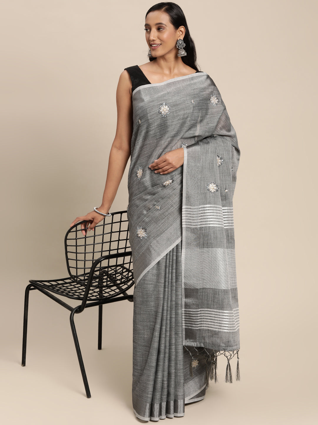 Women's Grey Linen Woven Zari Work Traditional Tassle Saree - Sangam Prints