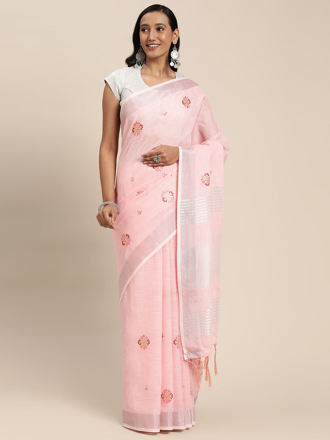 Women's Pink Linen Woven Zari Work Traditional Tassle Saree - Sangam Prints