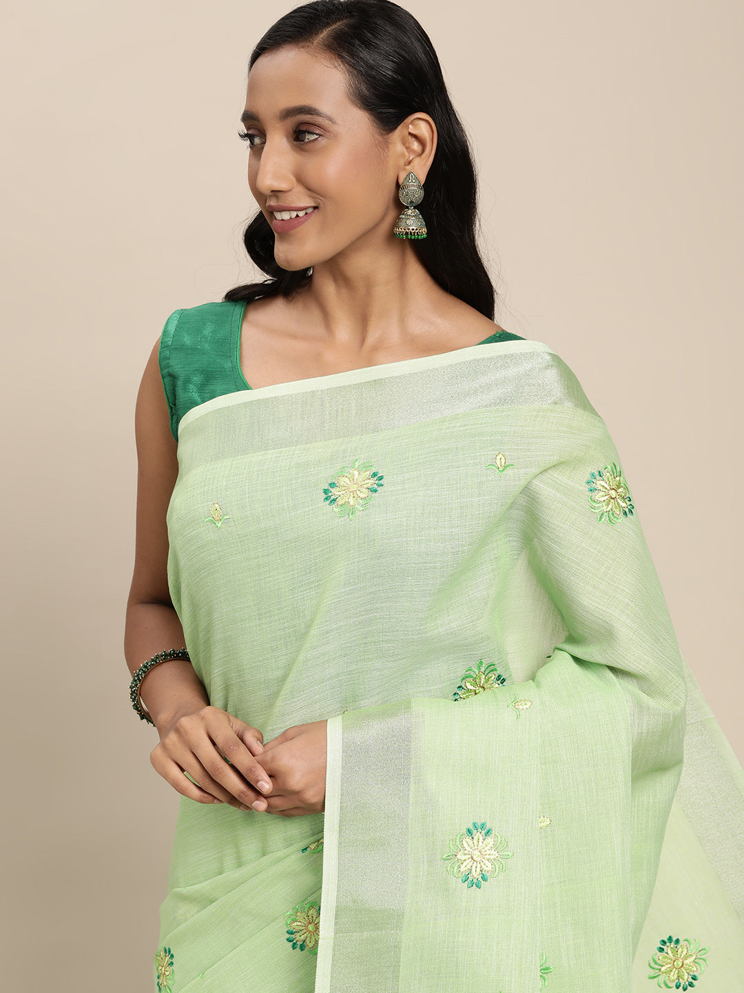 Women's Green Linen Woven Zari Work Traditional Tassle Saree - Sangam Prints