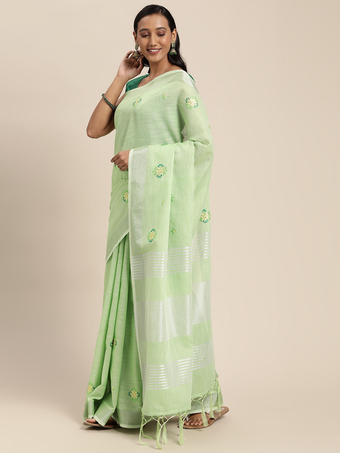Women's Green Linen Woven Zari Work Traditional Tassle Saree - Sangam Prints