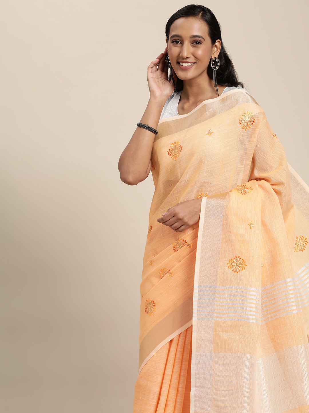 Women's Orange Linen Woven Zari Work Traditional Tassle Saree - Sangam Prints
