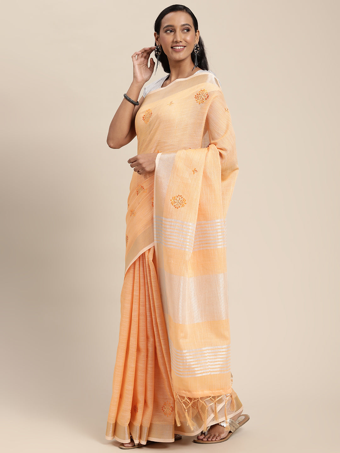 Women's Orange Linen Woven Zari Work Traditional Tassle Saree - Sangam Prints