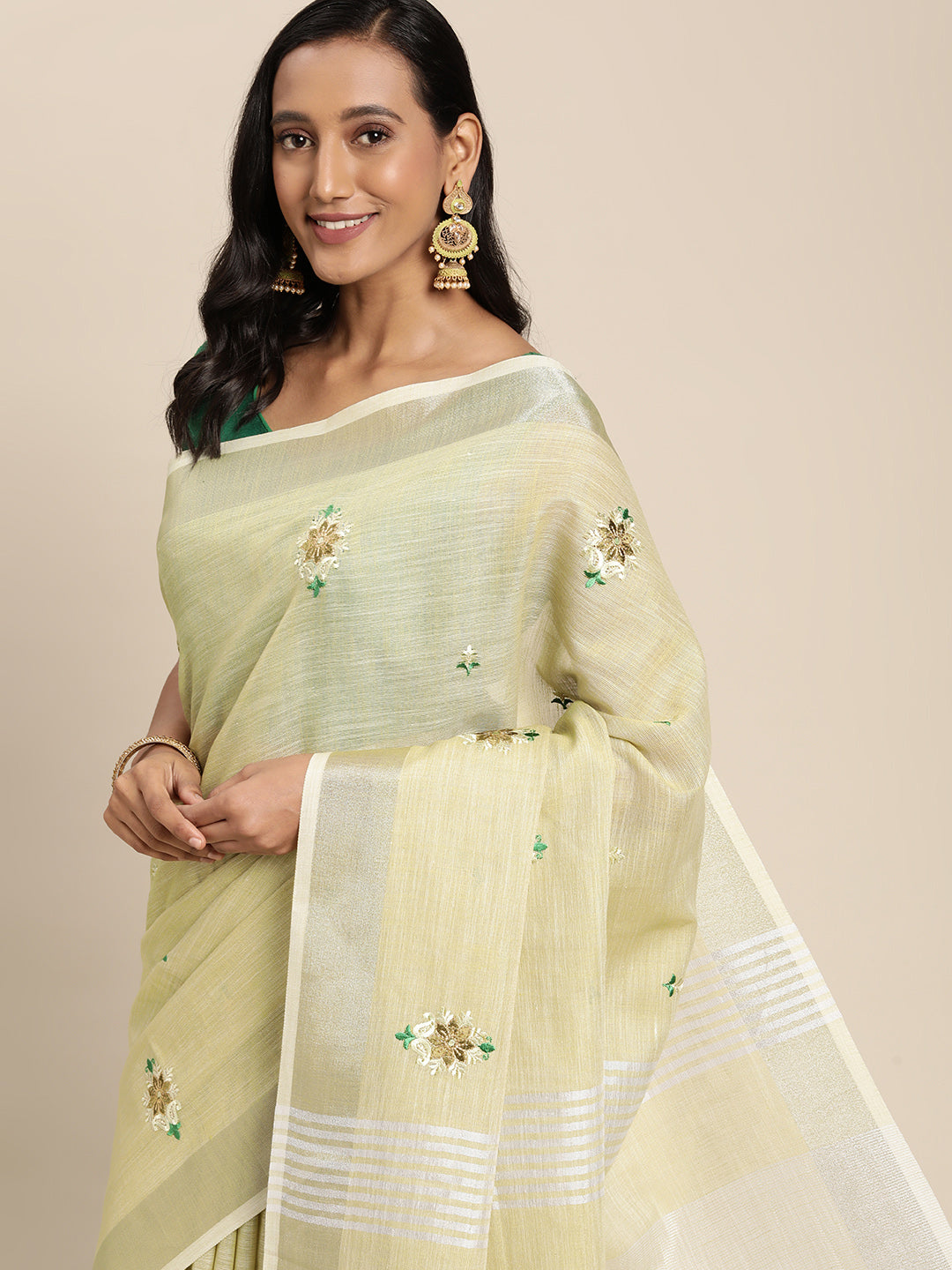 Women's Olive Green Linen Woven Zari Work Traditional Tassle Saree - Sangam Prints