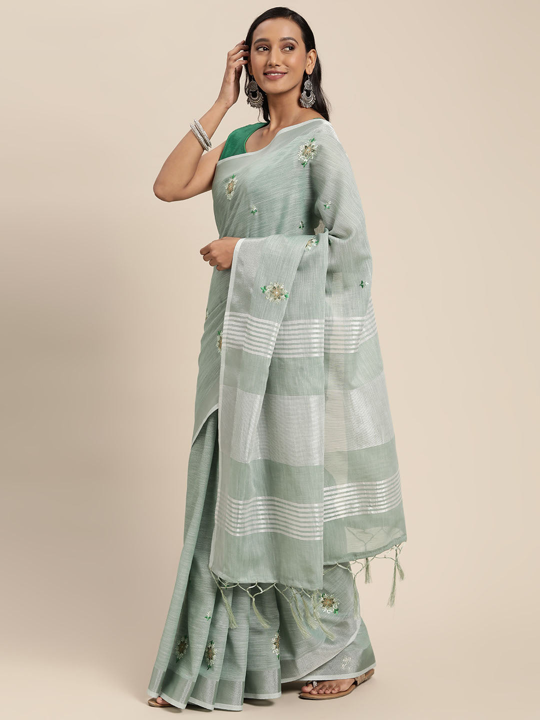 Women's Sea Green Linen Woven Zari Work Traditional Tassle Saree - Sangam Prints