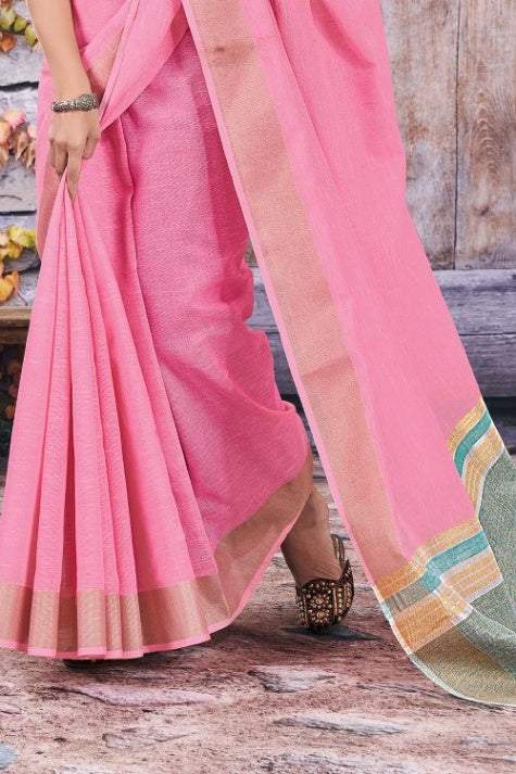 Women's Bright Pink Linen Saree - Karagiri