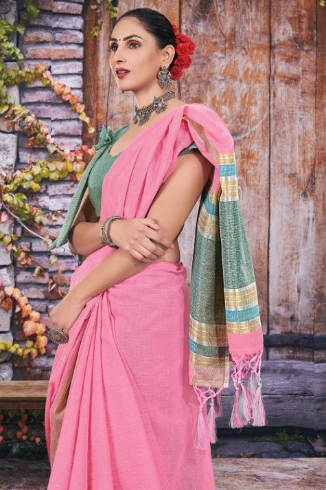 Women's Bright Pink Linen Saree - Karagiri