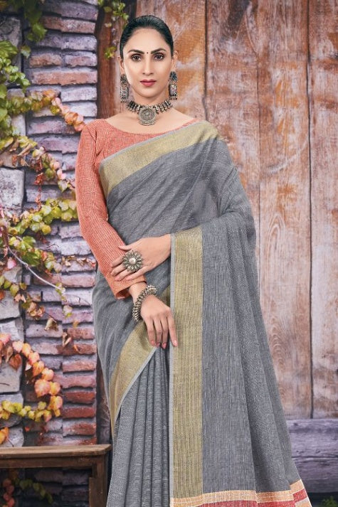 Women's Davy Grey Linen Saree - Karagiri