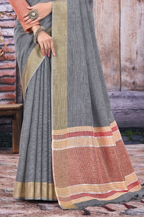 Women's Davy Grey Linen Saree - Karagiri