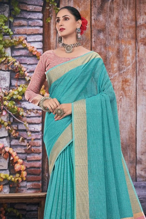 Women's Cyan Blue Linen Saree - Karagiri