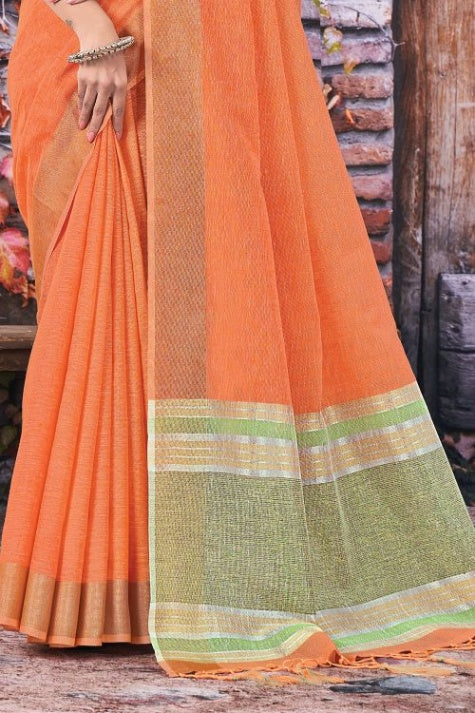 Women's Orange Linen Saree - Karagiri