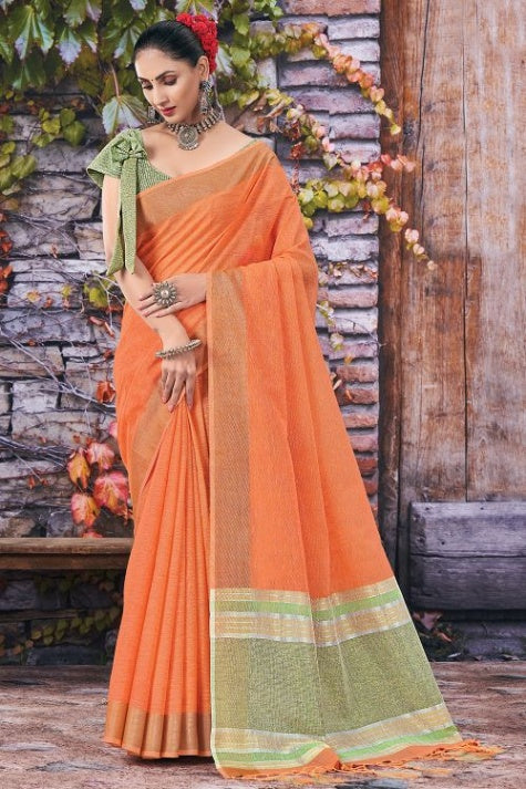 Women's Orange Linen Saree - Karagiri