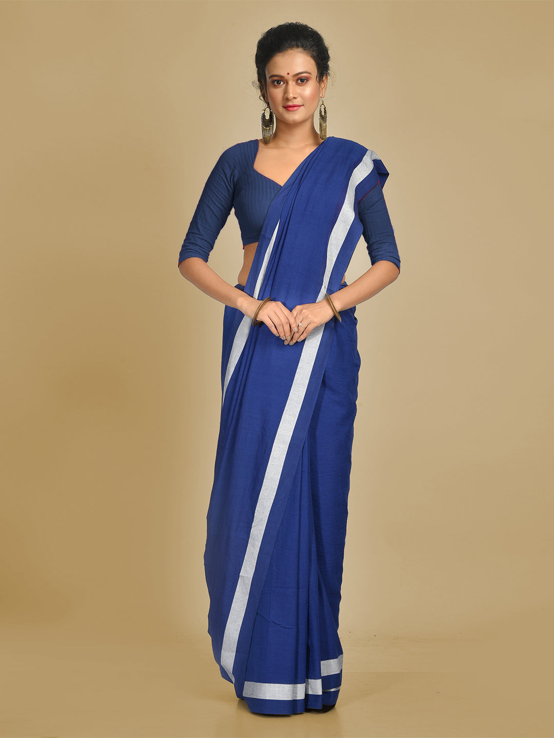 Women's Blue pure Handspun Cotton Hand woven saree - Sajasajo