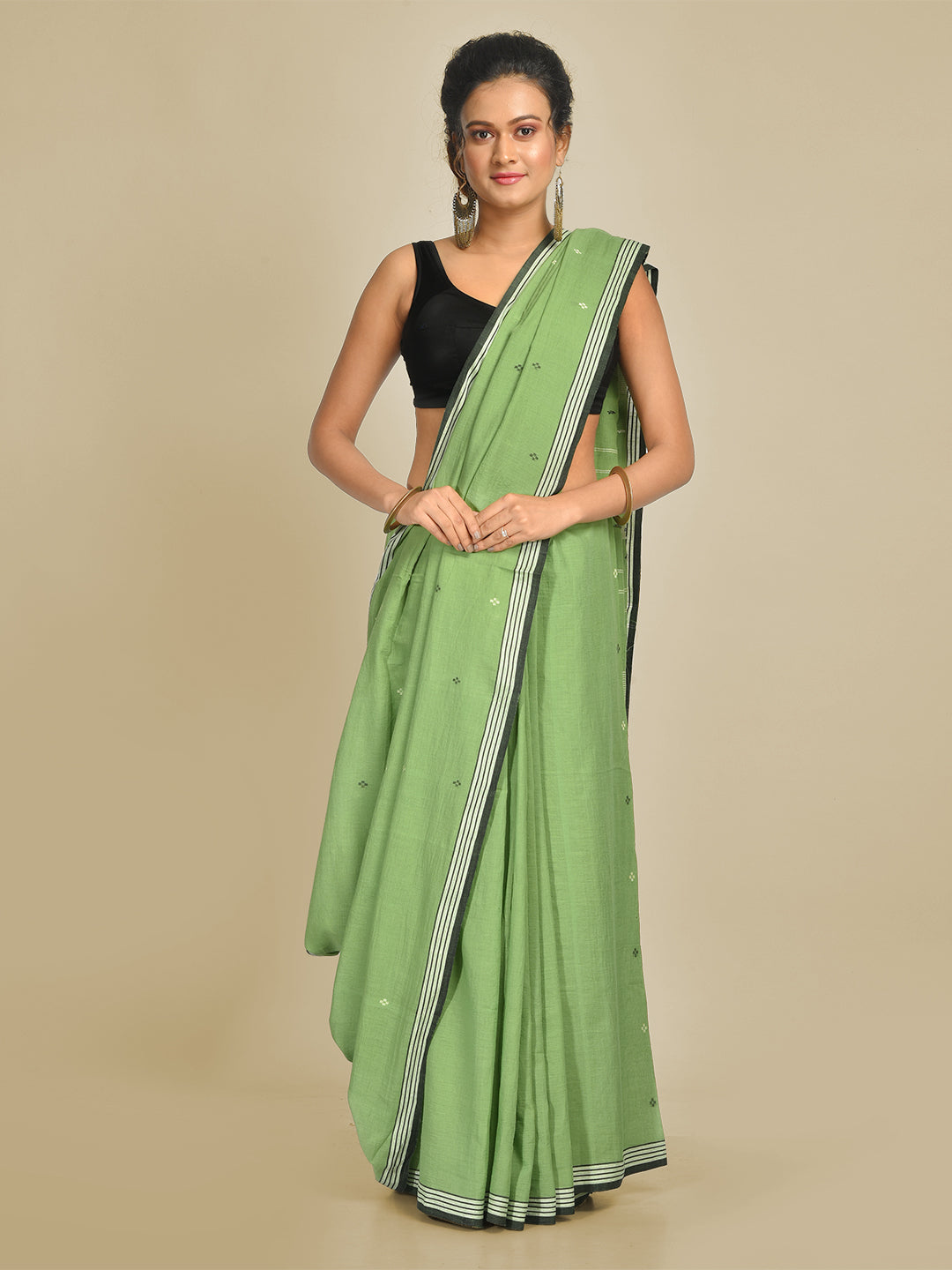 Women's Green  pure Handspun Cotton Hand woven saree - Sajasajo