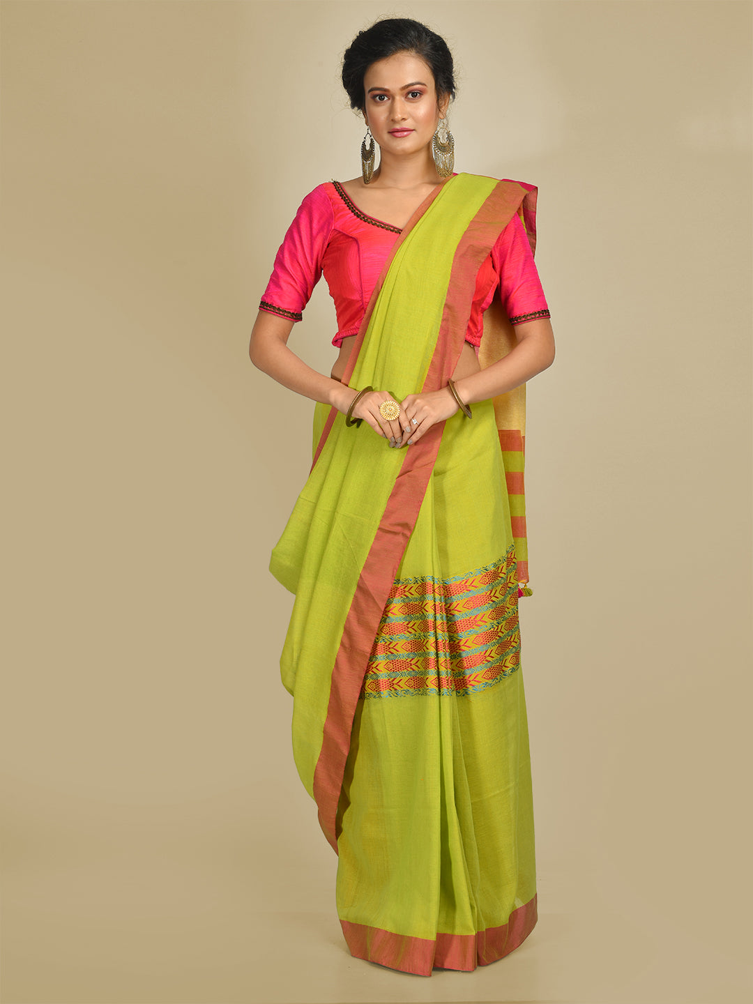Women's Lime Green Blended Cotton Soft Handloom Saree with Unstitched Blouse-Sajasajo